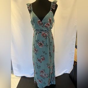 Japna green floral print spaghetti strap wrap dress